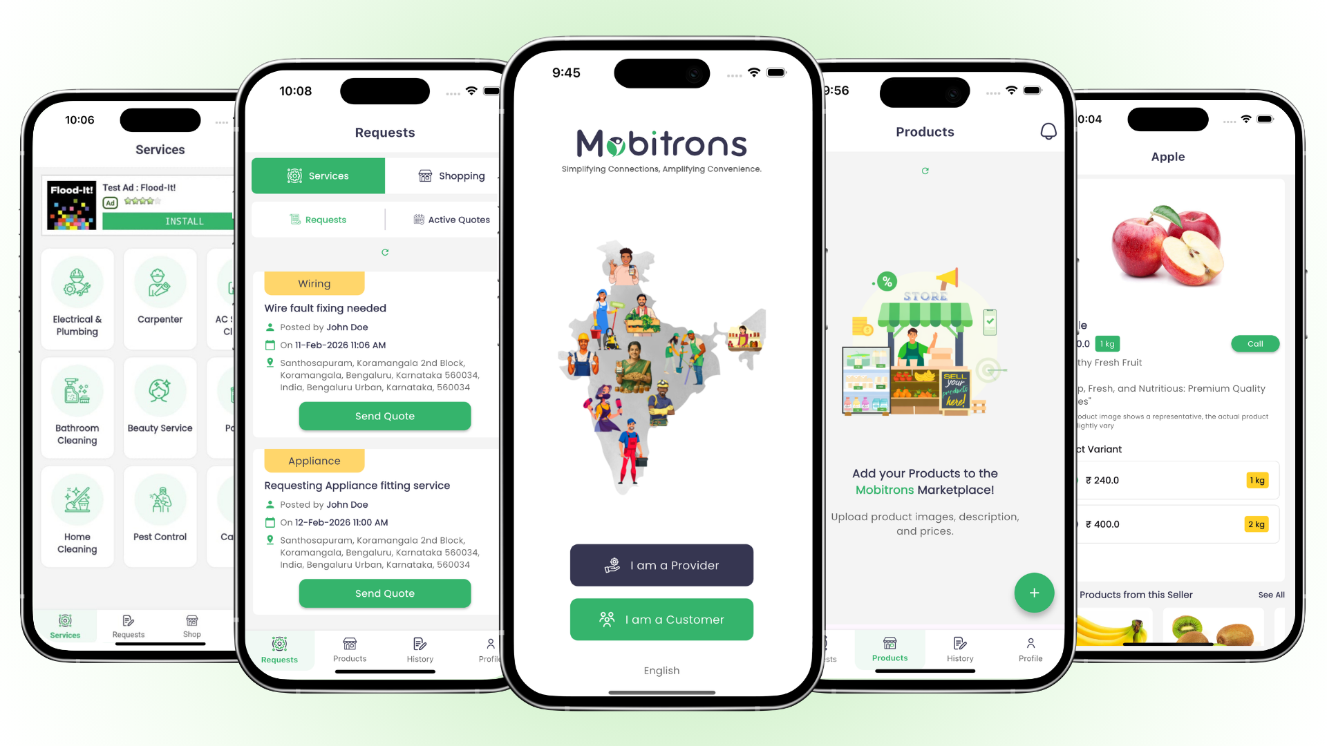 Mobitrons app preview showing multiple phone screens and onboarding interface